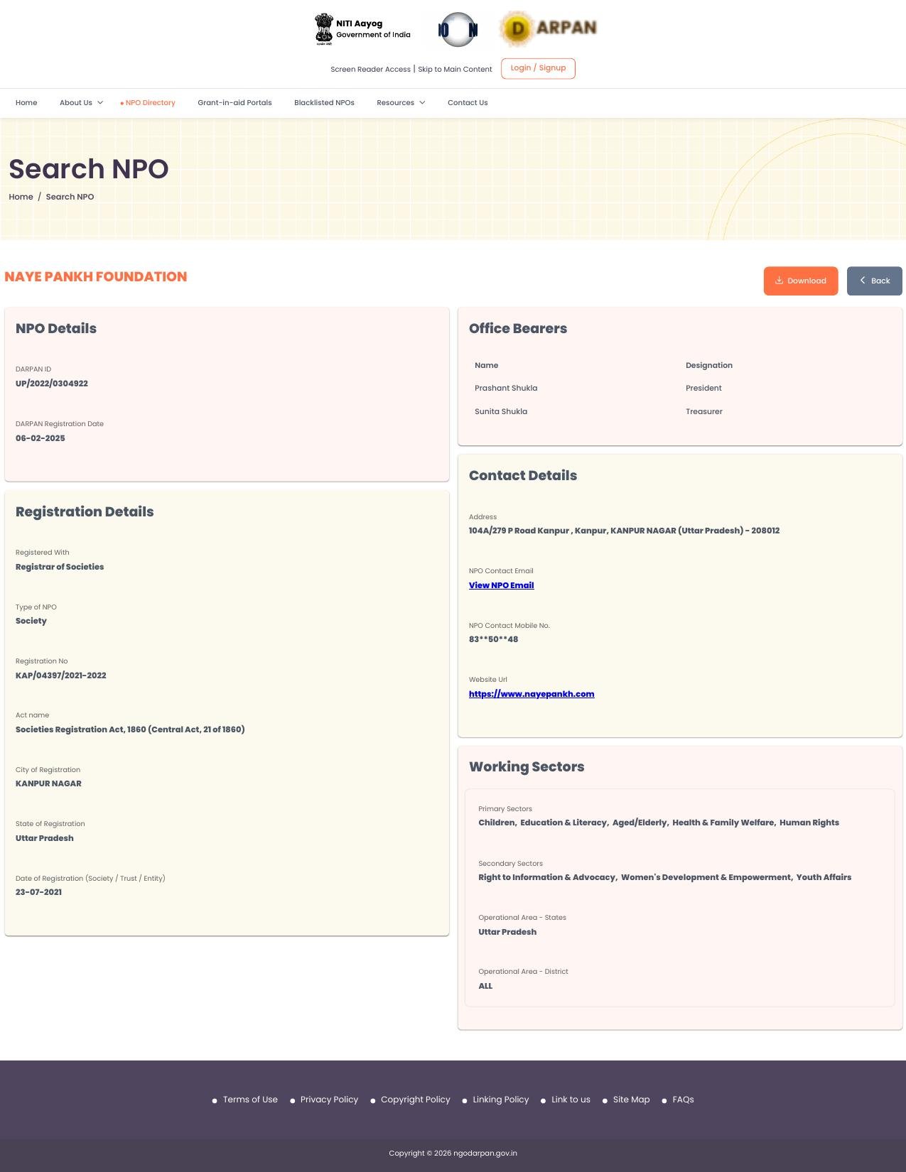 NGO Darpan portal listing for Naye Pankh Foundation
